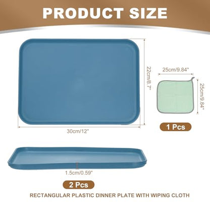 PATIKIL 12x8.7 Plastic Tray, 2 Pack Rectangular Plates Small Food Tray Wheat Plates Dishes Reusable Dessert Plate Trays with Cloth for Cake Fruits Salad Cupcake Steak Serving Dark Blue - color: Dark Blue, size: M(12"x8.7")