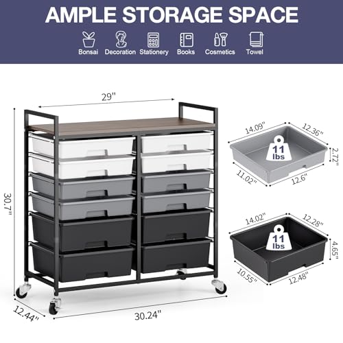 TOOLF 12 Drawers Rolling Storage Cart with Wooden Top for Classroom,Grey - color: Grey