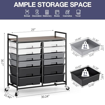 TOOLF 12 Drawers Rolling Storage Cart with Wooden Top for Classroom,Grey - color: Grey