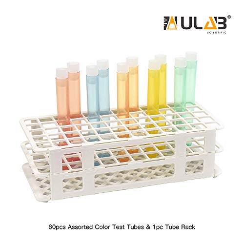 ULAB Scientific White Tube Rack and Plastic Test Tubes Set, Include 1pc of White Tube Rack and 60pcs of Plastic Macaroon Party Tubes Shot Glasses, 16x125mm,Assorted Color, UTR1016 - style: Rack & 60pcs Assorted Color Tubes
