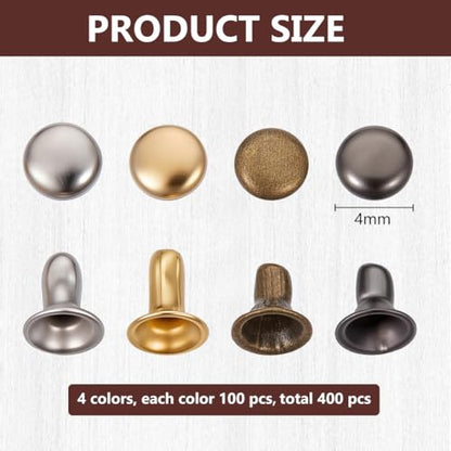 400Pcs Mini Rivet Studs Leather Rivets Brass Double Caps Leathercraft Rivet Tubular Metal Studs for Doll Clothes Sewing Purse Making Clothing Crafts 4 Metal Colors 4mm/0.16''