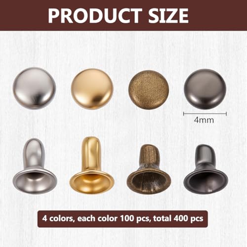 400Pcs Mini Rivet Studs Leather Rivets Brass Double Caps Leathercraft Rivet Tubular Metal Studs for Doll Clothes Sewing Purse Making Clothing Crafts 4 Metal Colors 4mm/0.16''