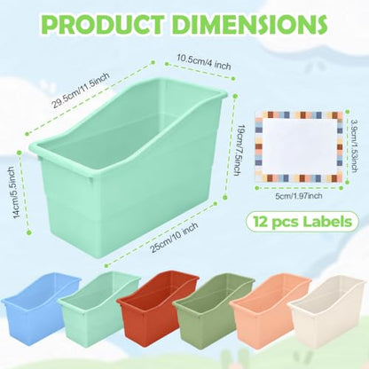 12 Pack Book Bins for Classroom Stackable Plastic Storage with Labels - color: Macaron