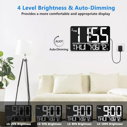 13" Bluetooth Auto Sync Wall Clock - Large Digital Alarm Clock with Remote - style: White Numbers