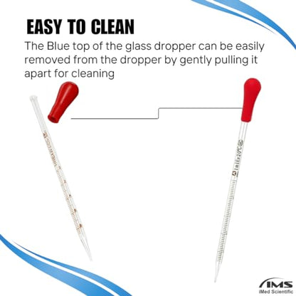 Multipurpose Glass Pipettes Droppers, 1ml Graduated, Red Rubber Head, Straight-Tip Calibrated Thick Glass to Transfer Fluid, Liquids, Essential Oils, Accurate Easy Dose & Measurement - 8" Long