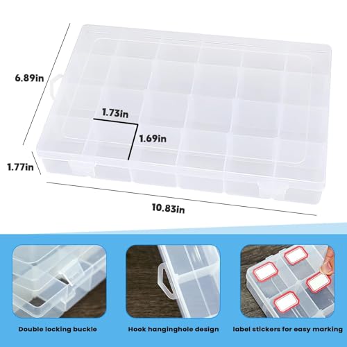 2pack 24-Grid Clear Plastic Bead Organizer Box with Adjustable Dividers
