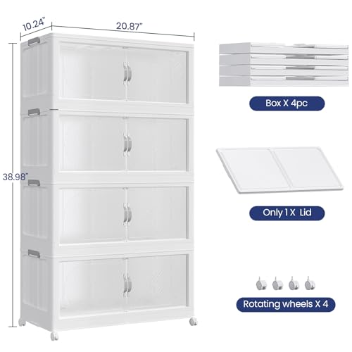 240QT Extra Large Stackable Storage Bins with Lid, 60Gal Plastic Closet Organizers and Storage Drawer, Collapsible Cabinet Box with Wheels Clear Doors for Home Kitchen Office, 4Pack White