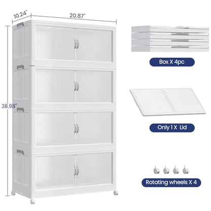 240QT Extra Large Stackable Storage Bins with Lid, 60Gal Plastic Closet Organizers and Storage Drawer, Collapsible Cabinet Box with Wheels Clear Doors for Home Kitchen Office, 4Pack White