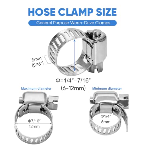 TICONN 24PCS Hose Clamps Set 304 Stainless Steel, 1/4"-7/16" Worm Gear - size: SAE Micro #4 24PCS 1/4''~7/16"