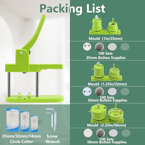 Happizza Button Maker Machine Multiple Sizes, Pin Maker Machine 1+1.25+2.25 inch, Interchangeable Button-Models Badge Button Press Machine with 300 Sets 25+32+58mm Button Maker Supplies&Circle Cutter - size: Green 1+1.25+2.25 inch (300 Sets)