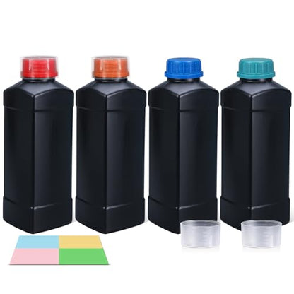 4 Pack 34oz Square Lightproof Black Plastic Bottles with Graduated Lids, Leak Proof Empty Liquid Containers, Travel Pill Bottles, Film Developing Kit & Sample Storage Bottles - size: 34oz