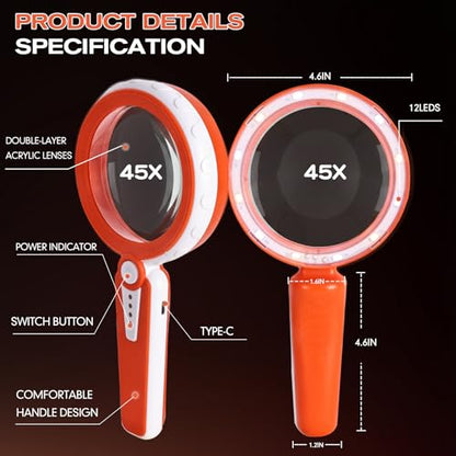 45X Magnifying Glass with Light, LED Rechargeable Magnifier for Seniors - color: Orange