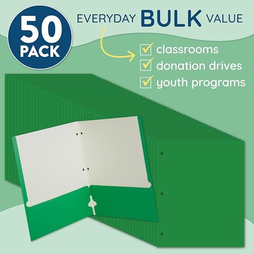 Blue Summit Green Folders with Pockets, Paper Green Pocket Folders with Business Card Holder, 3 Hole Punched, for Documents, Presentation, School, and Child Classes, Assorted Colors, 50 Pack - color: Green