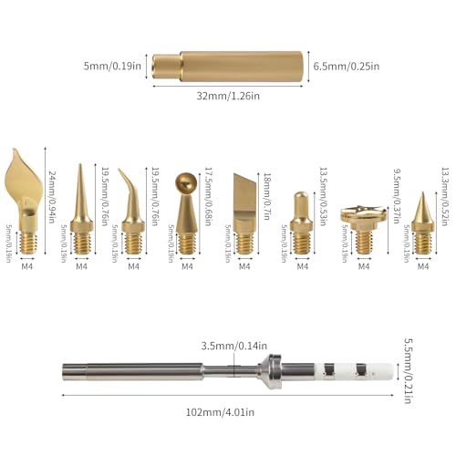3D Printer Accessories Heat Set Insert Tool TS100 936 Soldering Iron Adapter: 8Pcs Finished Brass Trimming Head with Connector Threaded Mating Design for 3D Printing Filament Plastic Print