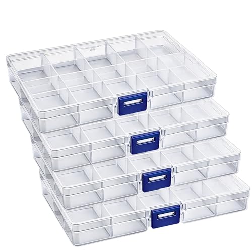 15-Grids Transparent Plastic Storage Box – 4 Pack Organizer for Small Items, Tiny Accessories, Beads, Jewelry, Screws & Mini Parts – Detachable Compartments, Clear Storage Case
