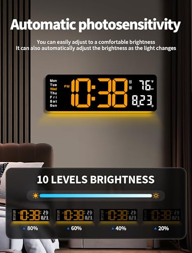MASHI 16" Easy-Read Large Digital Wall Clock,9-Color Night Light,Auto-DST - color: Orange