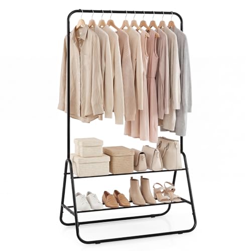 GIANTEX Heavy Duty Clothes Rack, Metal Garment Rack with Storage Shelves - color: Black