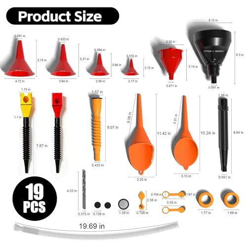 19 Pcs Automotive Funnel Set: Plastic Oil Funnel Kit with Spout and Filter - Multiple Flexible Wide Mouth Fuel Funnels with Hose- Universal Car Funnel Kit for Gasoline& Engine Oil& Coolant