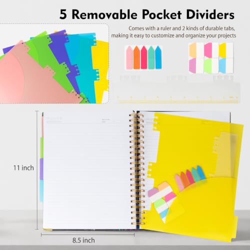 Hardcover Spiral Notebook Journal with Removable Dividers Tabs & Ruler, 300 Pages 5 Subject Notebook College Ruled, A5 Lined Journal for Women & Men, Notebooks for Work, School & Note Taking, Black - color: Black, size: 6"x8"