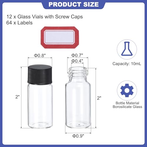 PATIKIL 10ml Clear Glass Vials, 12 Pack Sample Vials with Screw Cap Reagent Media Bottle with Labels Leak-Proof Liquid Sample Glass Vial for Lab Laboratory - color: Transparent, size: 10ml