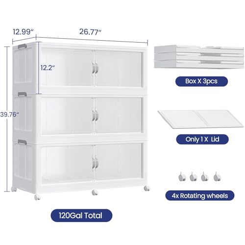 360QT Extra Large Stackable Storage Bins with Lid, 90Gal Plastic Closet Organizers and Storage Drawer, Collapsible Cabinet Box with Wheels Clear Doors for Home Kitchen Garage, 3Pack White - color: White, size: 120QT-3Pack