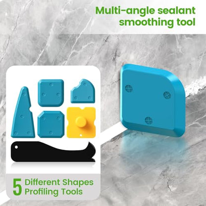 Silicone Caulking Tool, 5 in 1 Caulking Sealant Finishing Tool with Grout Scraper, 6 Exchange Silicone Pads, Adhesive Residue Scraper Seam Repair Kit for Kitchen Bathroom (White) - color: White