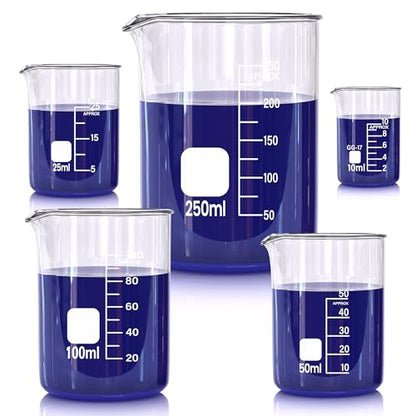 Glass Beakers Set, 5 Sizes - 10ml, 25ml, 50ml, 100ml, 250ml, 3.3 Borosilicate Beaker for Laboratories, Classrooms or Home, Griffin Low Form Lab Beakers