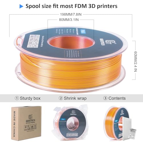 Geeetech Silk PLA Filament 1.75mm Silk Dual Color Filament, Coextrusion Dichromatic Metal-Like Shiny Consumable 1kg (2.2lbs) 1 Spool, Dimensional Accuracy +/- 0.02 mm, Gold Copper - color: 1kg Dual Color Gold-copper