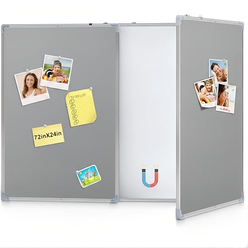 Mooliwe 72"x24" Tri-fold Fabric Board Whiteboard Combo, Foldable Combination Magnetic Dry Erase Board & Bulletin Whiteboard with Aluminum Frame Wall Mounted for Home, Office and School(Gray) - color: Grey