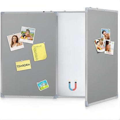 Mooliwe 72"x24" Tri-fold Fabric Board Whiteboard Combo, Foldable Combination Magnetic Dry Erase Board & Bulletin Whiteboard with Aluminum Frame Wall Mounted for Home, Office and School(Gray) - color: Grey