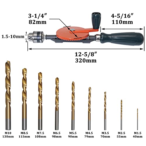 CheeMuii Powerful Speedy Hand Drill 3/8" Manual Drill & 9 Pcs Drill Bit Set