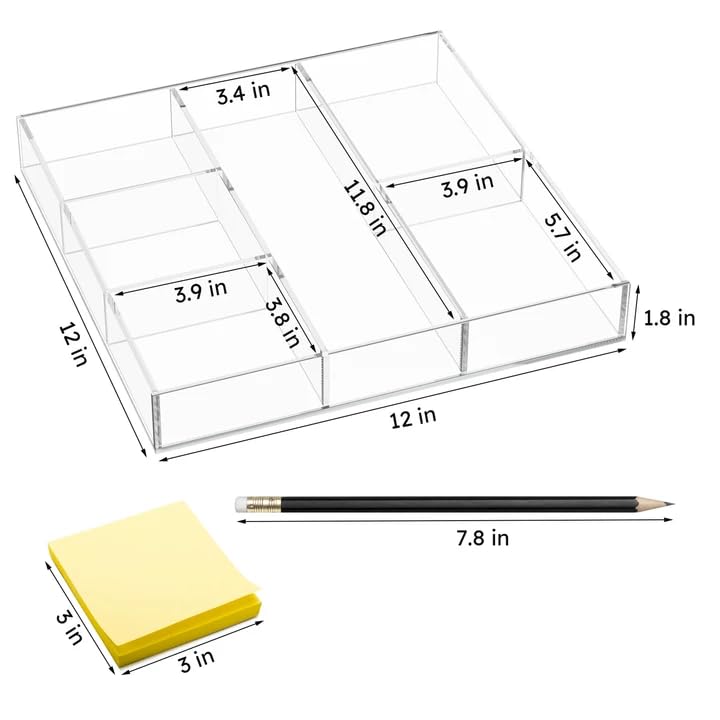 HIIMIEI Acrylic Drawer Organizer, 6 Section Clear Makeup Tray Organizer for Drawer Office Bedroom(11.8x11.8 inch) (Pack of 2) - size: 12'' x 12'' (Pack of 2)