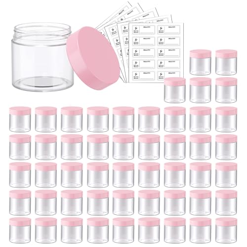 Eternal Moment 50 Pack 2 OZ Plastic Jars Clear Cosmetic Container with Lids - color: Pink Lid, size: 2 Ounce