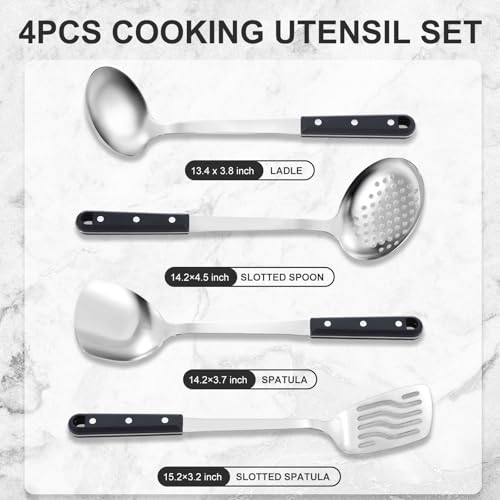 Pleafind 4-Pcs Cooking Utensils Set, Stainless Steel Kitchen Utensils, Mirror Polished Kitchen Essentials Set Include Wok Ladle, Slotted Spoon, Wok Spatula ＆Slotted Spatula, Dishwasher Safe - color: Brown