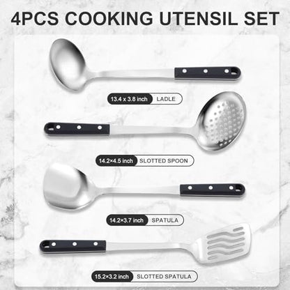 Pleafind 4-Pcs Cooking Utensils Set, Stainless Steel Kitchen Utensils, Mirror Polished Kitchen Essentials Set Include Wok Ladle, Slotted Spoon, Wok Spatula ＆Slotted Spatula, Dishwasher Safe - color: Brown