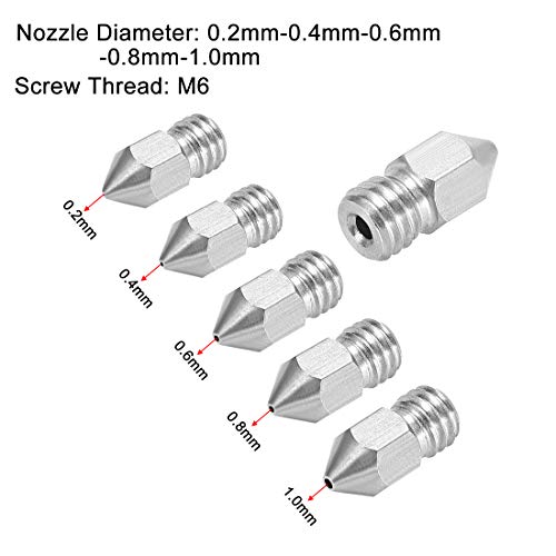uxcell 5pcs 3D Printer Nozzle Stainless Steel MK8 Nozzle M6 0.2mm,0.4mm,0.6mm,8mm,1mm,Extruder Print Head for 1.75mm 3D Printer