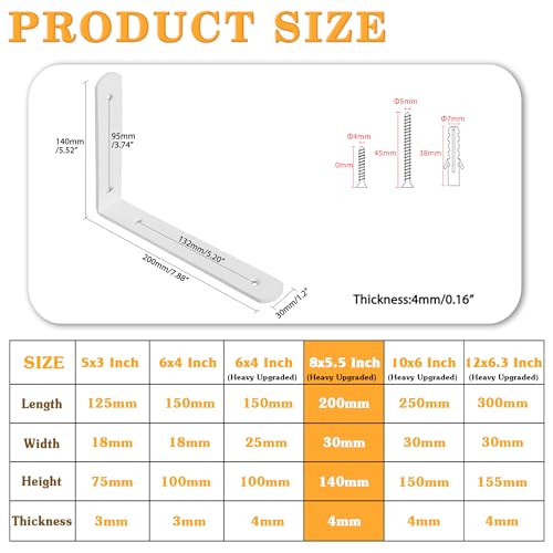 Alise White Shelf Brackets,L Brackets for Shelves,8x5-3/5 Inch,4 Pcs - color: White, size: 8x5-3/5 Inch (Upgraded)