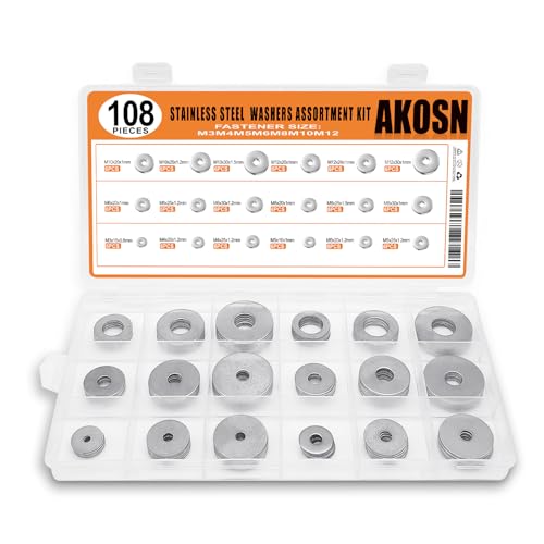 108-Piece, 18 Size, Stainless Steel Flat Washers Assortment Kit, Metal Screw Washers Set for Bolts, Industrial, Covering M3, M4, M5, M6, M8, M10, M12 - size: Stainless Steel - 108Pcs