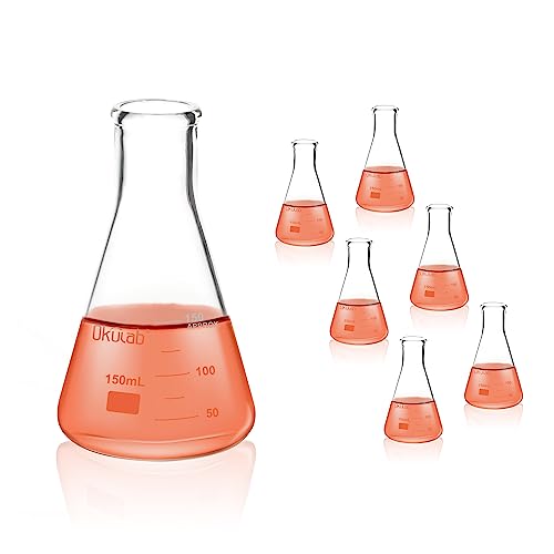 Conical Flask Set, 150mL Glass Erlenmeyer Flasks, Narrow Mouth, 3.3 Borosilicate Glass Conical Flask Set (case of 6) for Lab, Classroom, Craft, Kitchen, EFNG150A6 - style: Vol.150ml, pack of 6