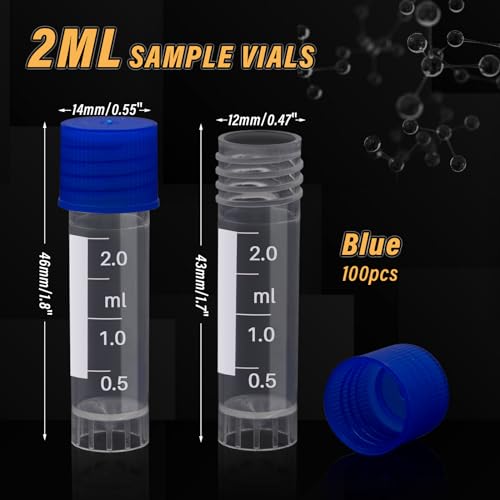 100 Pcs 2ml Small Vials with Screw Caps Centrifuge Tubes Plastic Sample Tubes Cryogenic Vials Graduated Bottles Test Tubes with Lids (Blue) - color: Blue
