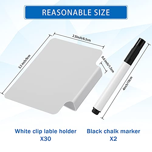 32 Pieces Basket Labels Clip Set, Include 30 Kitchen Clip Label Holder Removable PVC Bin with 2 Chalk Marker for Basket Pantry Organization Box (White Label Clip, Black Pen) - style: White Clip, Black Pen