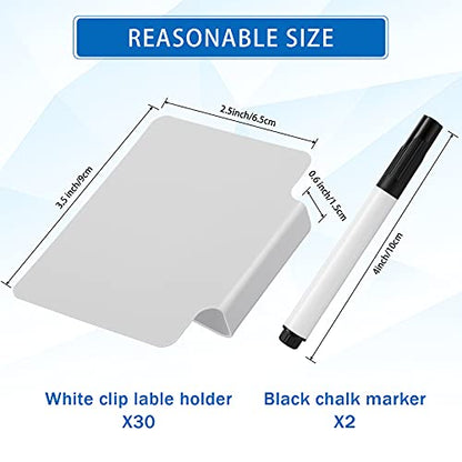 32 Pieces Basket Labels Clip Set, Include 30 Kitchen Clip Label Holder Removable PVC Bin with 2 Chalk Marker for Basket Pantry Organization Box (White Label Clip, Black Pen) - style: White Clip, Black Pen