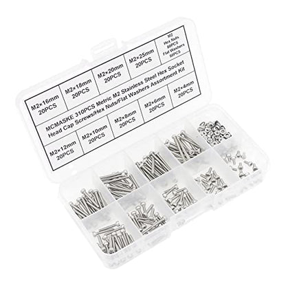 310PCS M2 304 SS Knurled Socket Head Cap Screws Nuts Washers Kit - size: M2