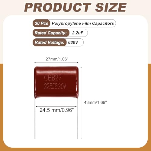 MECCANIXITY 30 Pcs Metallized Polypropylene Film Capacitors 225J 2.2UF - size: 225J 2.2UF