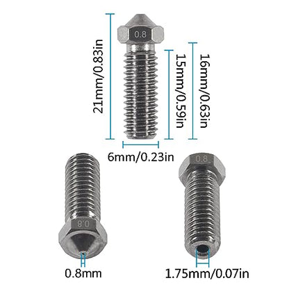 10PCS Hardened Steel Nozzles 0.8mm 3D Printer Volcano Nozzle 0.8mm M6 Printed Head for 1.75mm Filament 3D Printer Parts Volcano Heater Block J-Head Hotend Extruder