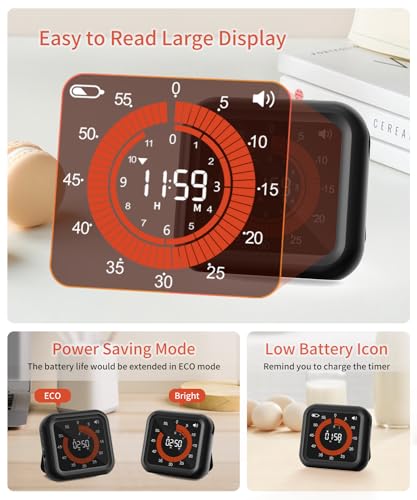 Digital Magnetic Visual Kitchen Timer, Up to 11H 59M Countdown & Count Up - color: Black