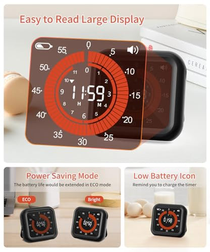 Digital Magnetic Visual Kitchen Timer, Up to 11H 59M Countdown & Count Up - color: Black