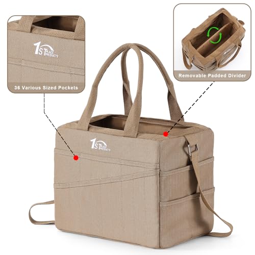 Art Craft Supply & Pottery Bag – 36 Pockets – Detachable Shoulder Strap - Handles – Removable Padded Divider - Washable – Tools, Knitting, Crochet, Yarn, Sewing, Scrapbooking, Clay, Tote - color: Safari