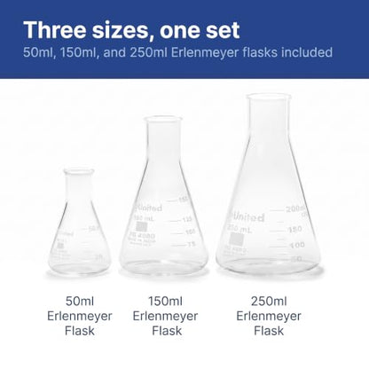 United Scientific™ Glass Erlenmeyer Flask Set, 50/150/250ml, Lab Glassware