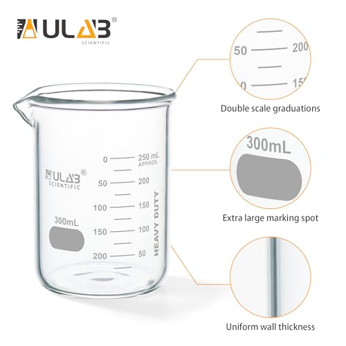 ULAB Scientific Glass Beakers, Vol. 300ml, 3.3 Borosilicate Griffin Low Form with Printed Graduation, Pack of 4, UBG1034 - style: Vol.300ml, Pack of 4